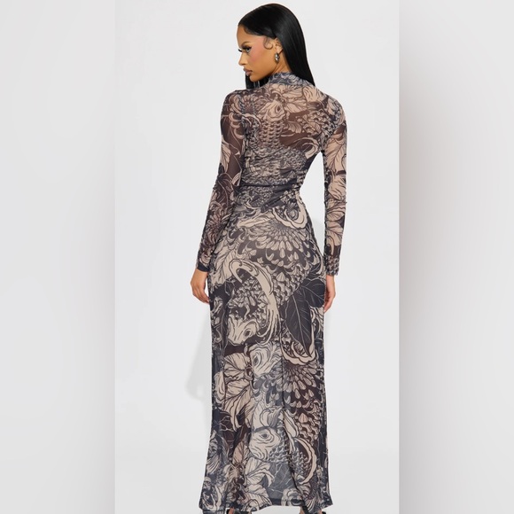 Mesh Body L/S mock neck Maxi Dress W/ Red Flower 🌺 Print - Picture 2 of 6